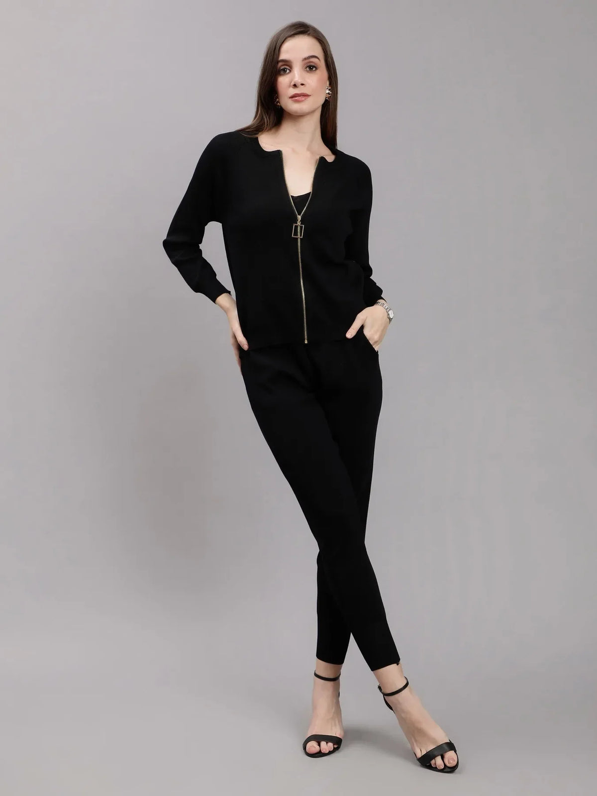 Front Zip Knitted Three Piece Set