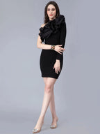 One Shoulder Ruffle Rib Knit Dress