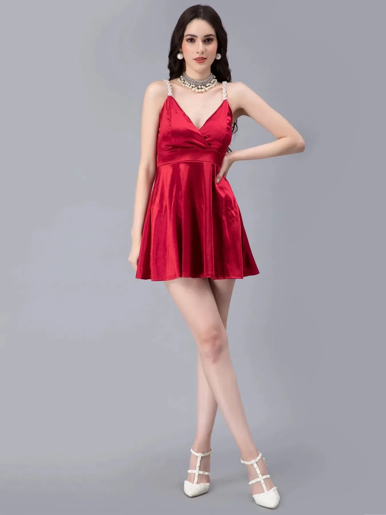 Pearl Straps Front Overlap Dress