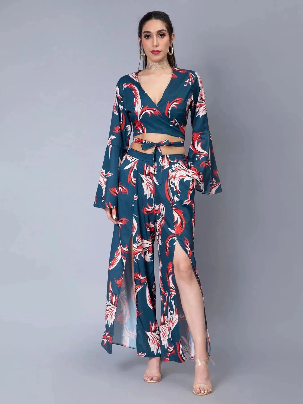 Tie Belt Wrap Top With Pants Set