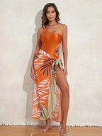 Bead Cut Out Monokini With Sarong