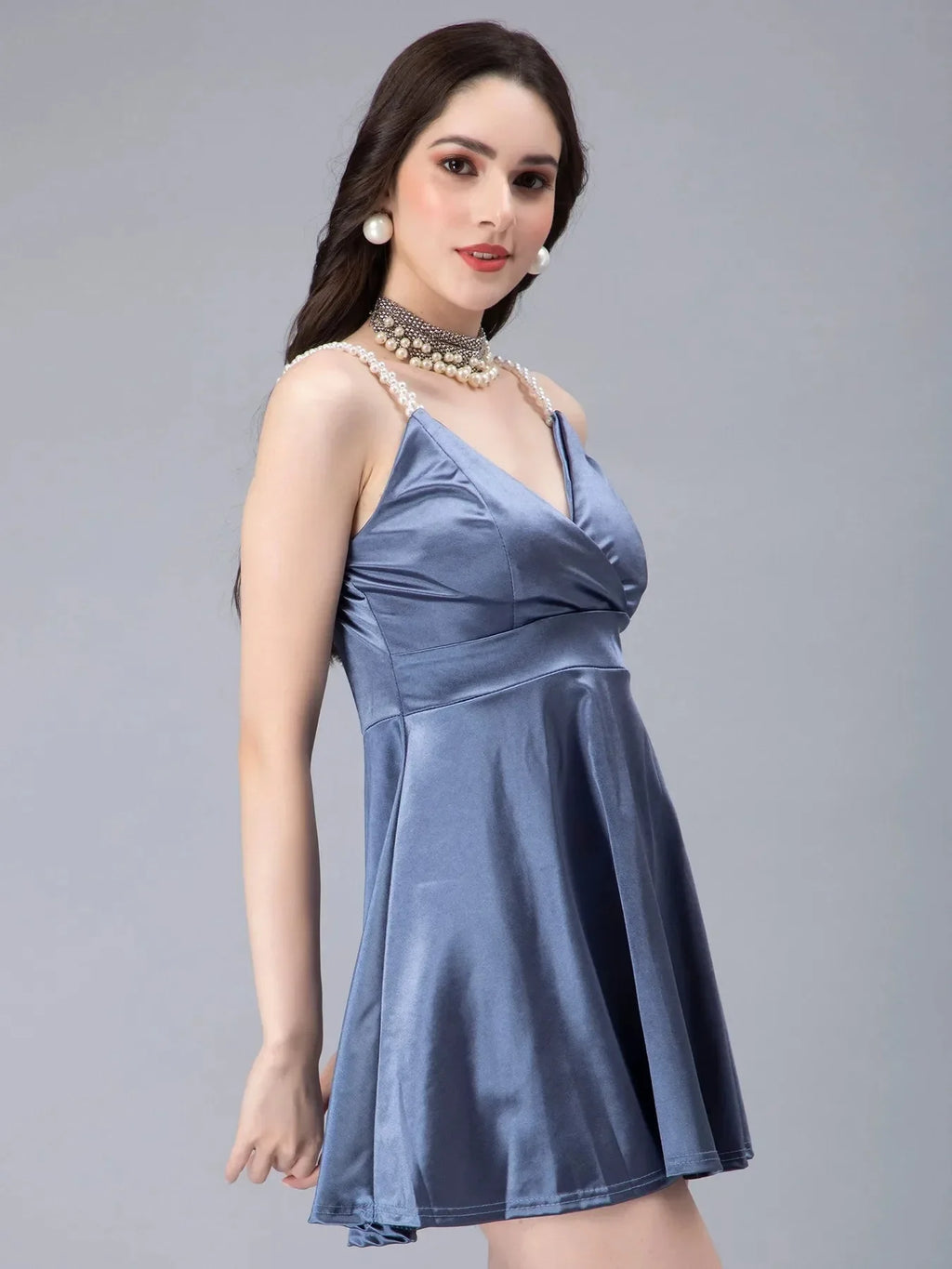 Pearl Straps Front Overlap Dress