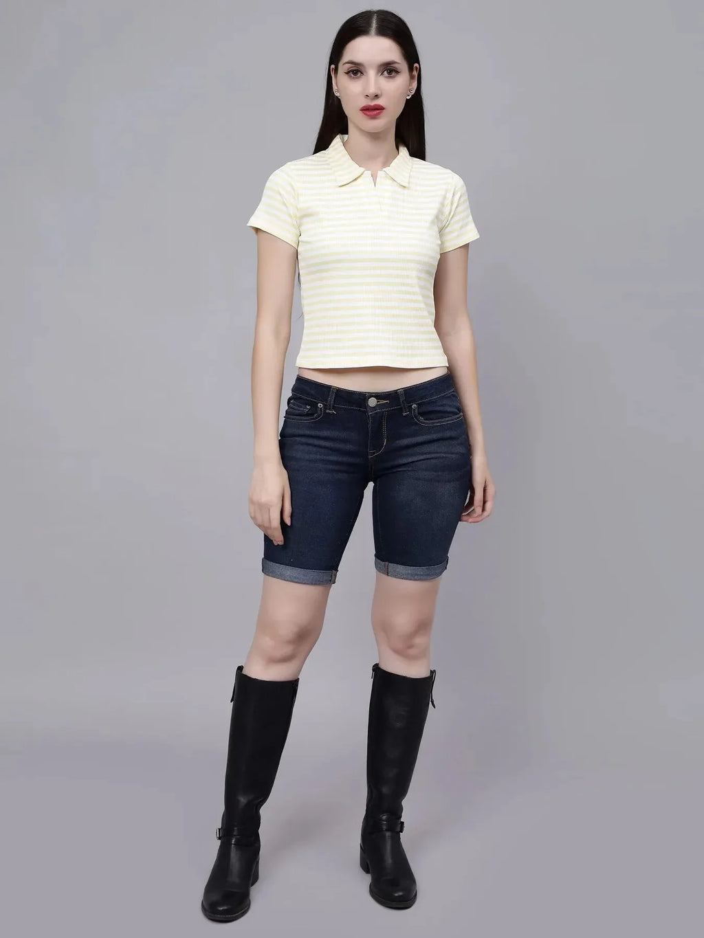 Cotton Striped Polo Neck T-Shirt