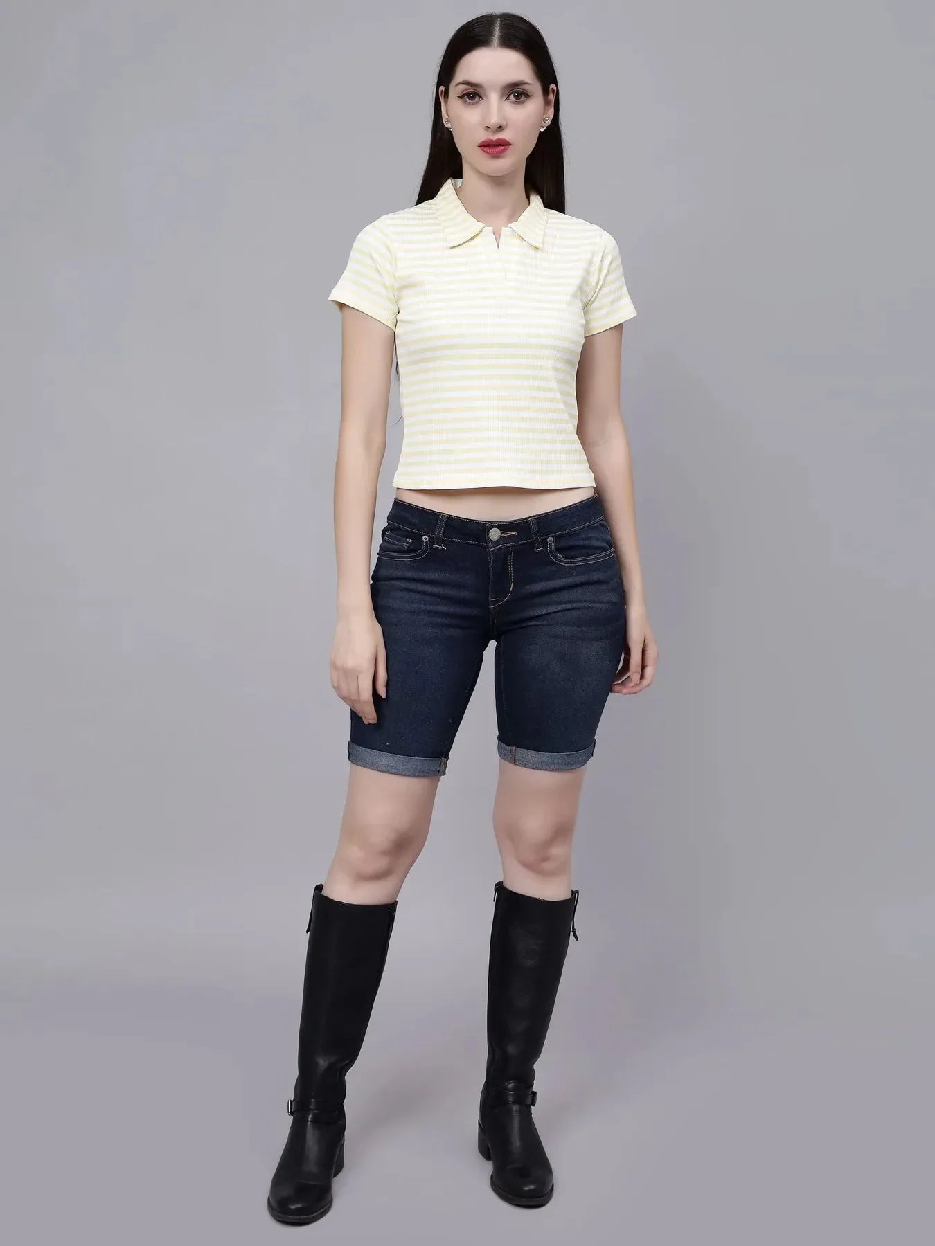Cotton Striped Polo Neck T-Shirt