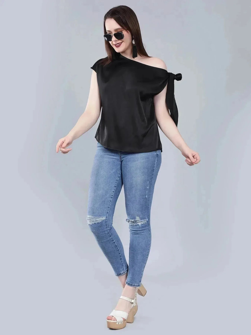Tie Shoulder Satin Blouse
