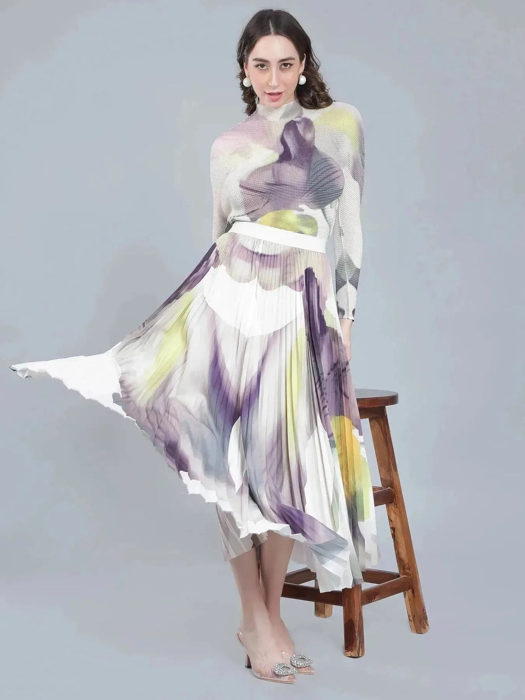 Chromatic Printed Pleated Two Piece Set