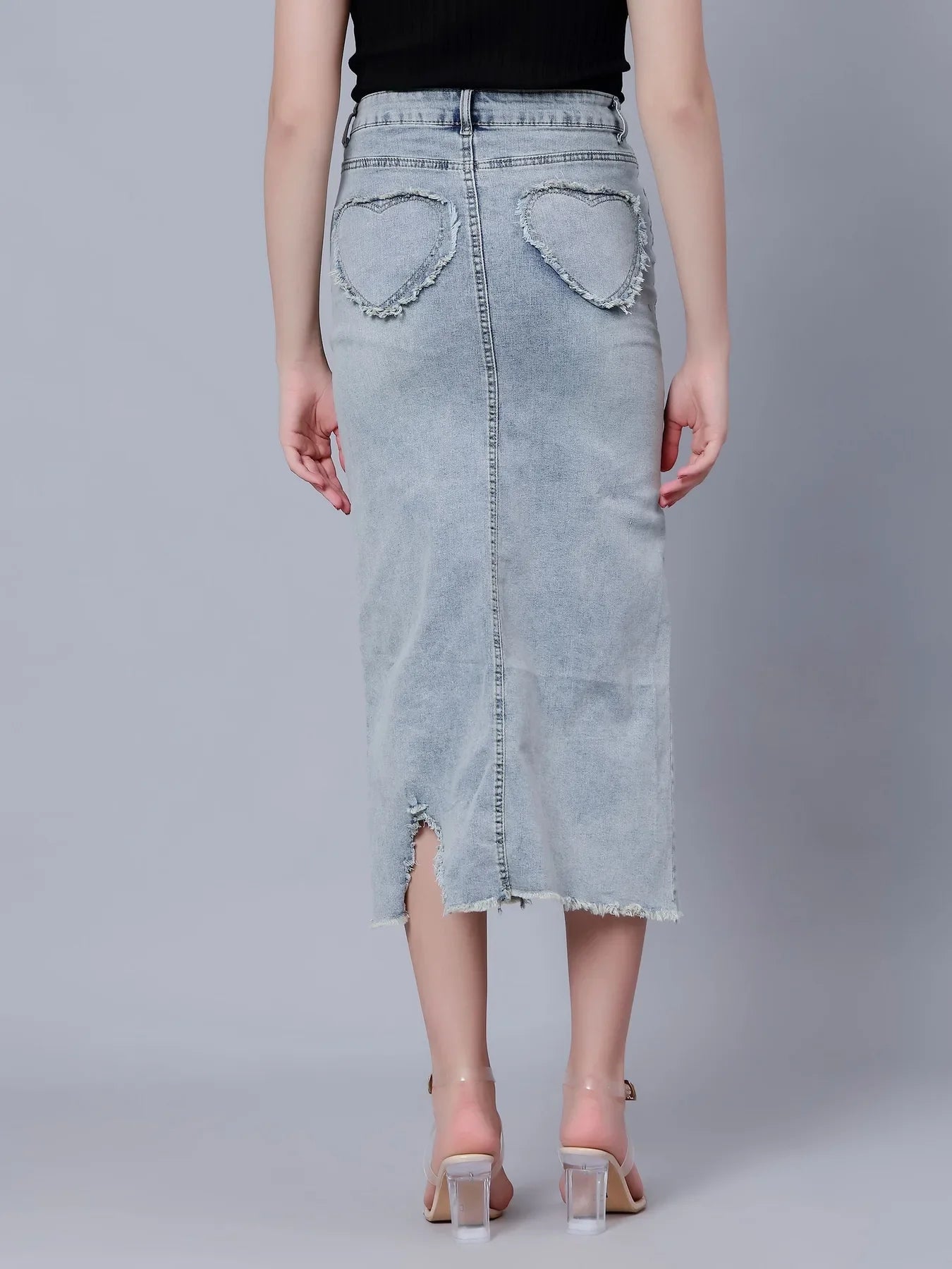High-Rise Slit Frayed Denim Skirt
