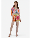 ANNYS colorful graphic print two-piece set with sun and face motifs, featuring a button-up shirt and shorts with lace trim.