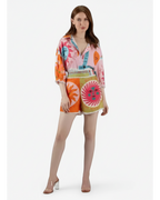 ANNYS colorful graphic print two-piece set with sun and face motifs, featuring a button-up shirt and shorts with lace trim.