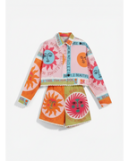 ANNYS colorful sun and text print two-piece set with button-up shirt and shorts. Lightweight summer outfit.