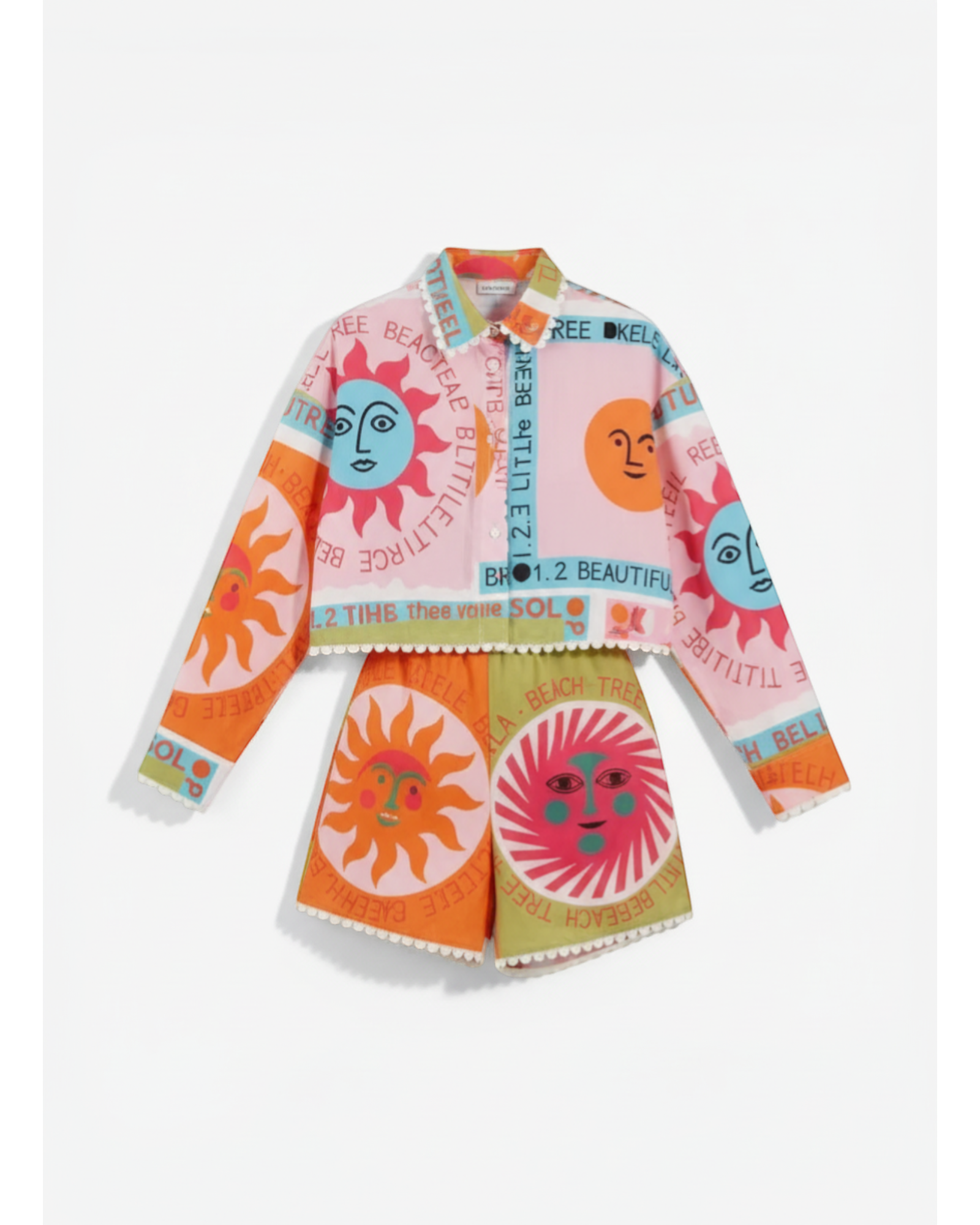ANNYS colorful sun and text print two-piece set with button-up shirt and shorts. Lightweight summer outfit.