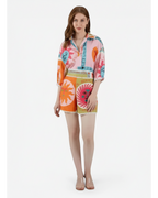 ANNYS colorful sun and face print two-piece set with scalloped hem shorts and button-up shirt.