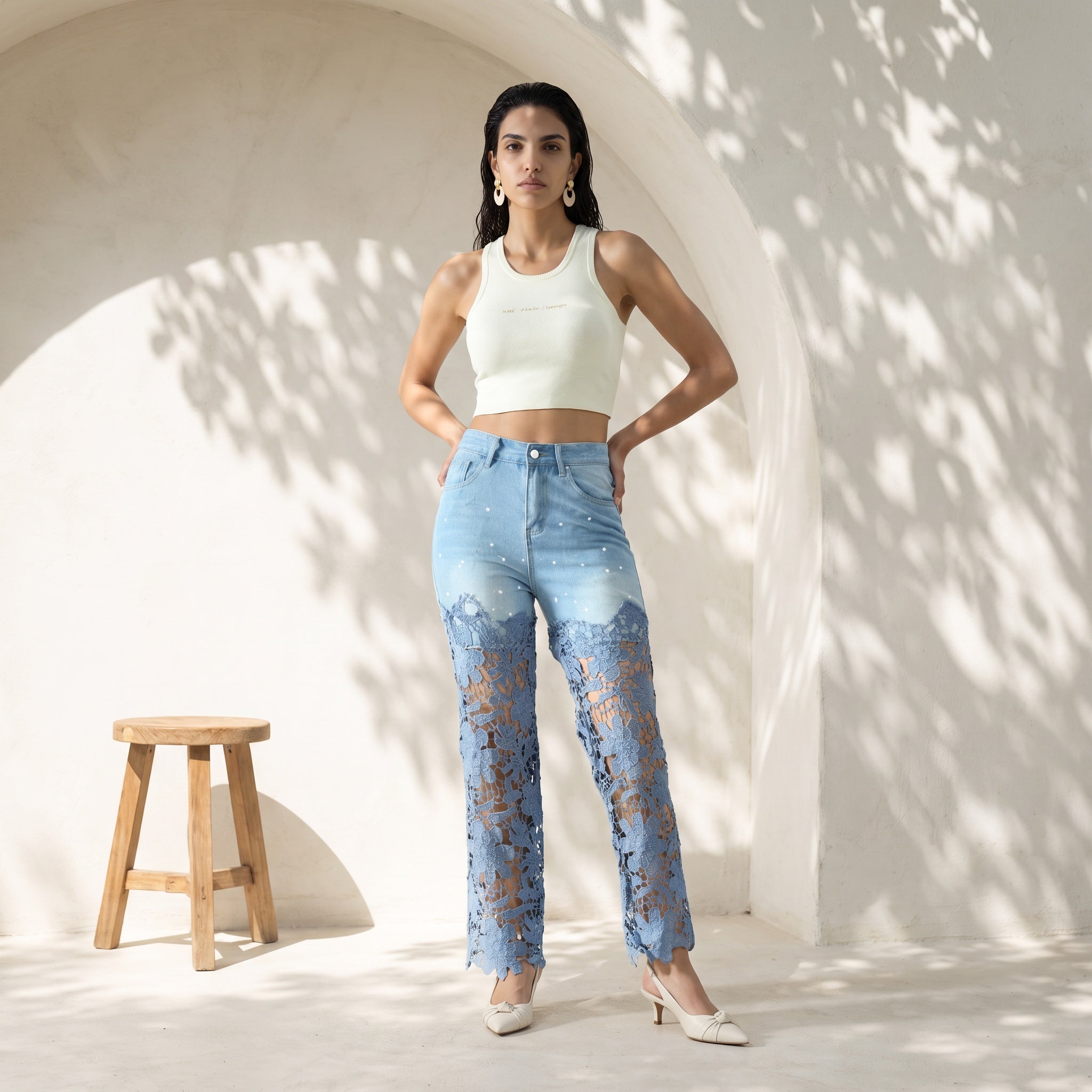 Artistic Lace Denim Jeans