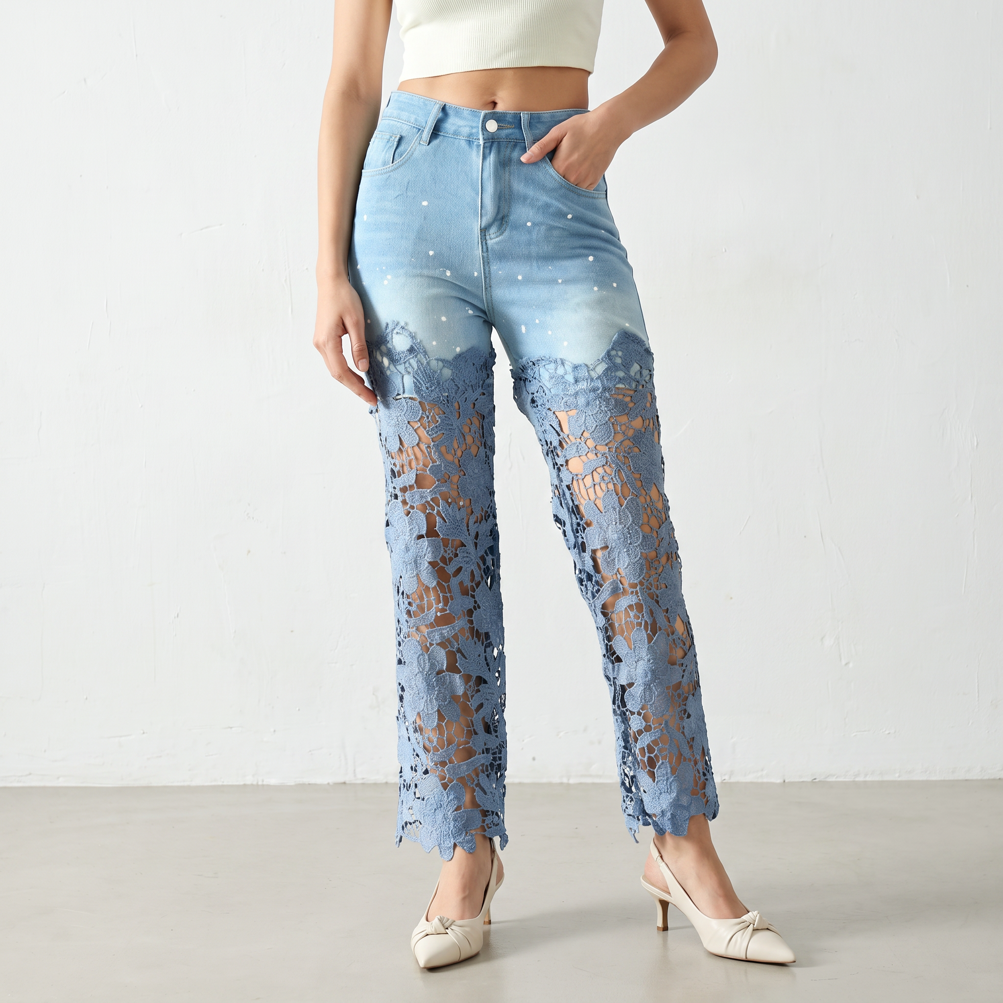 Artistic Lace Denim Jeans