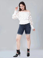 Lantern Sleeve Mesh Ruched Blouse