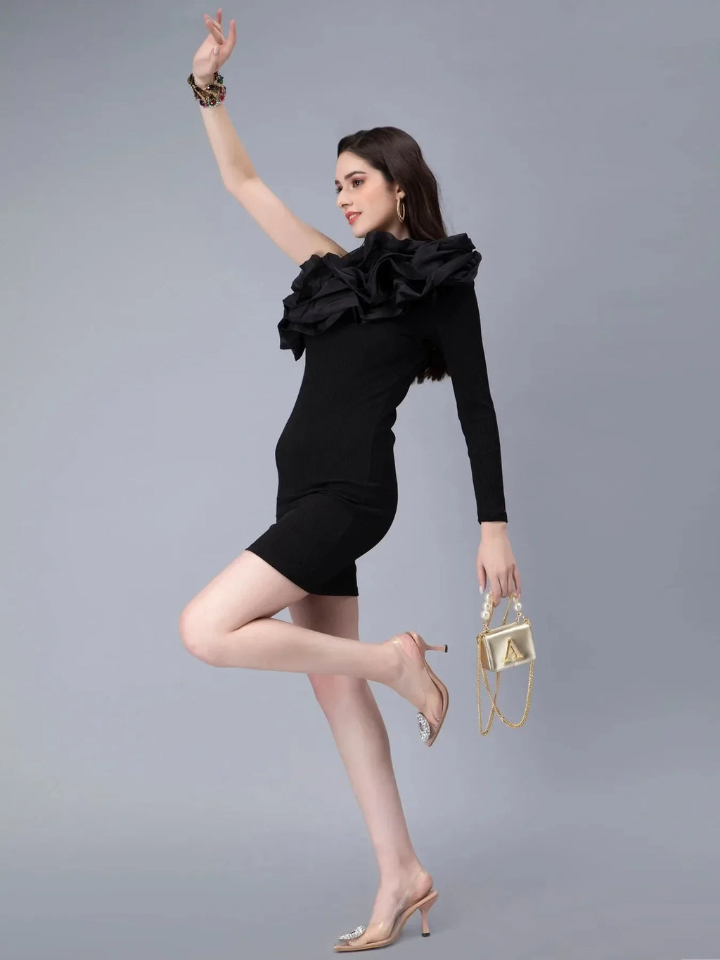 One Shoulder Ruffle Rib Knit Dress