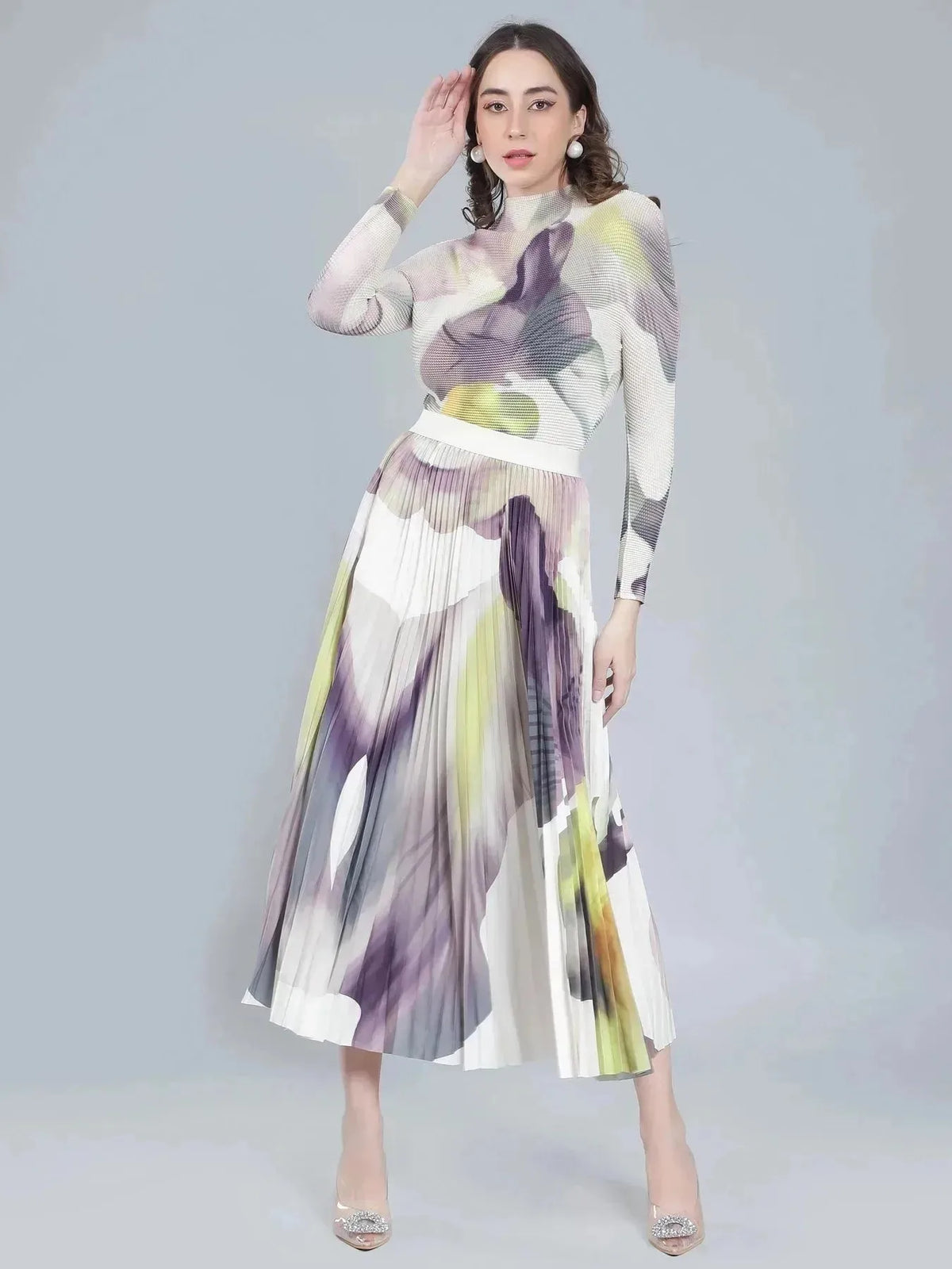 Chromatic Printed Pleated Two Piece Set