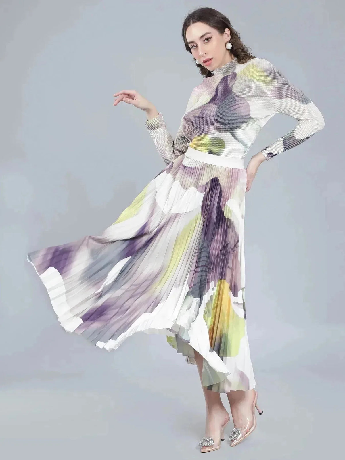 Chromatic Printed Pleated Two Piece Set