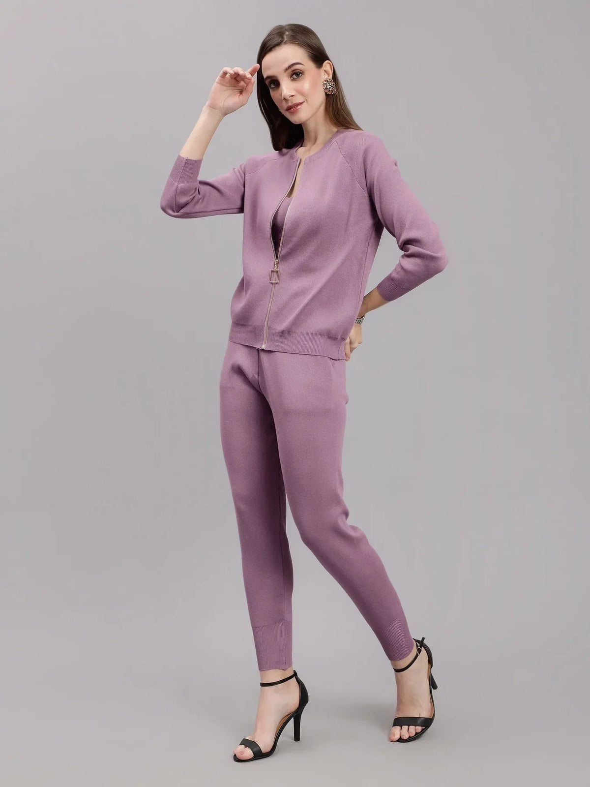 Front Zip Knitted Three Piece Set
