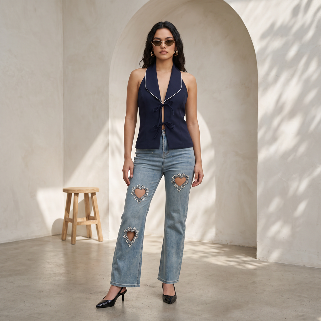 Crystal Heart Cut-Out Denim