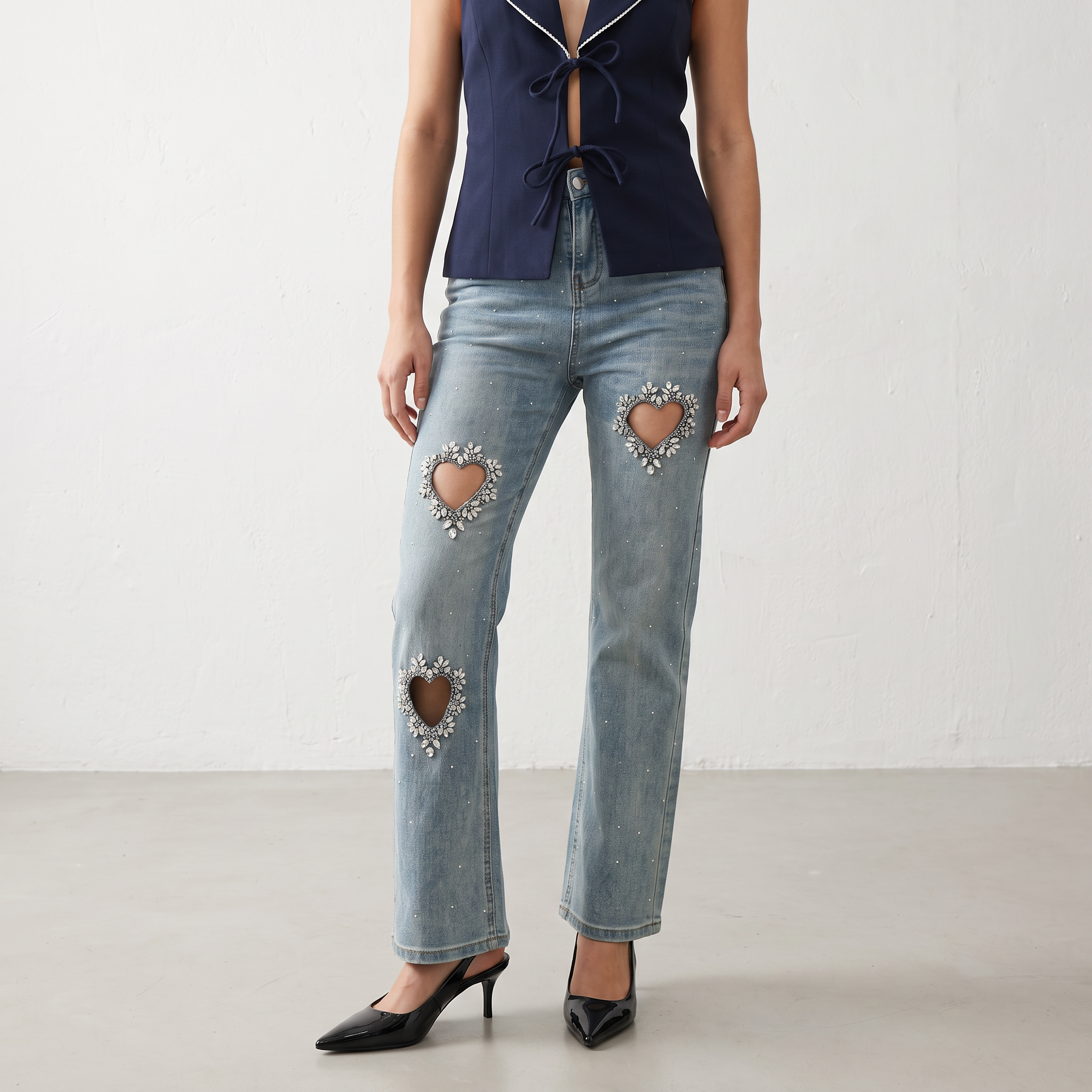 Crystal Heart Cut-Out Denim
