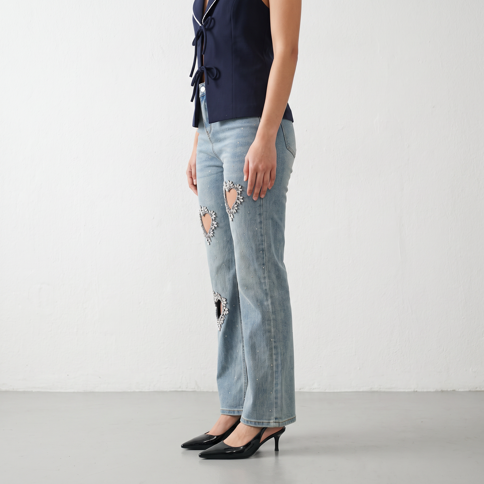 Crystal Heart Cut-Out Denim