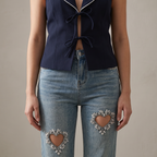 Crystal Heart Cut-Out Denim