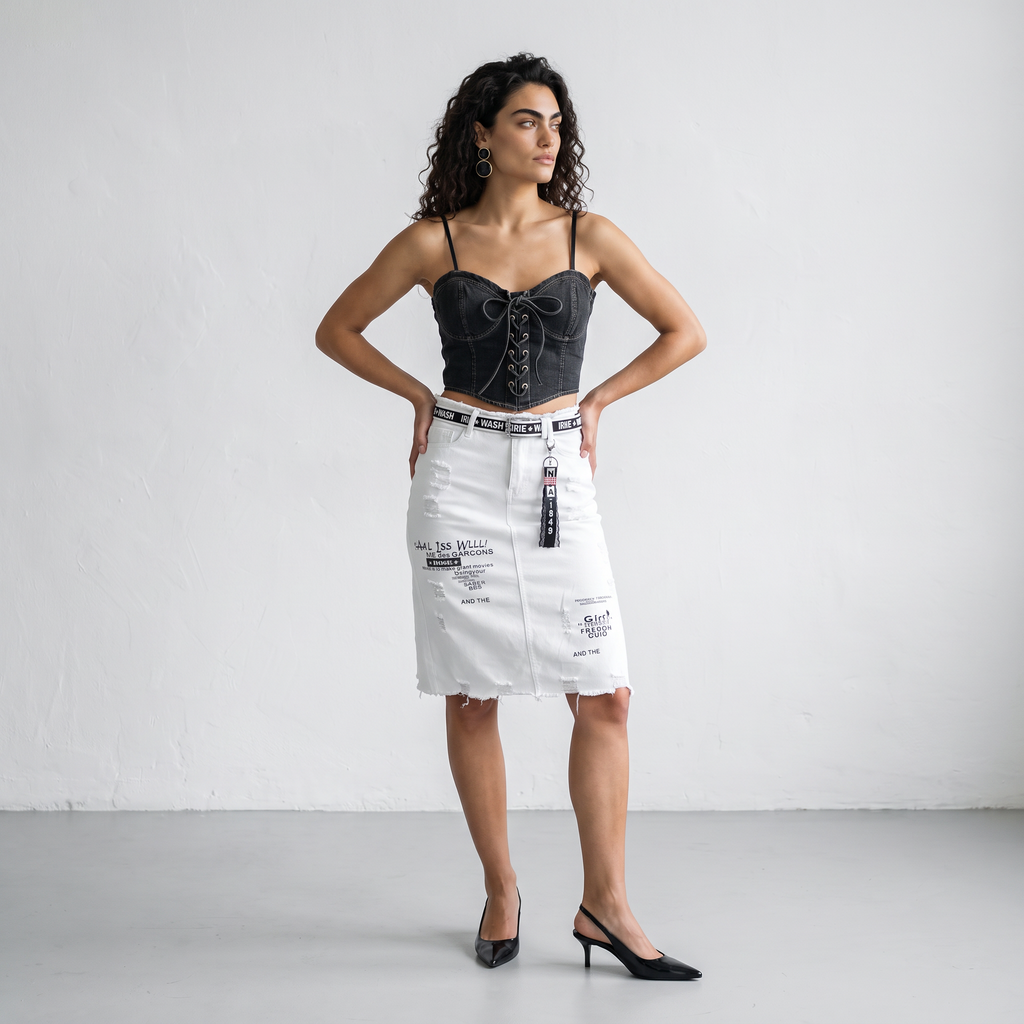 Denim Letter Print Fray Skirt