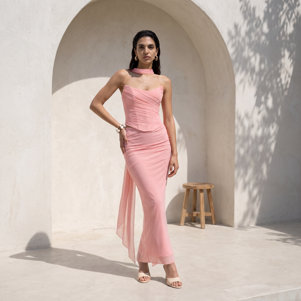 Draped Mesh Corset With Skirt Set