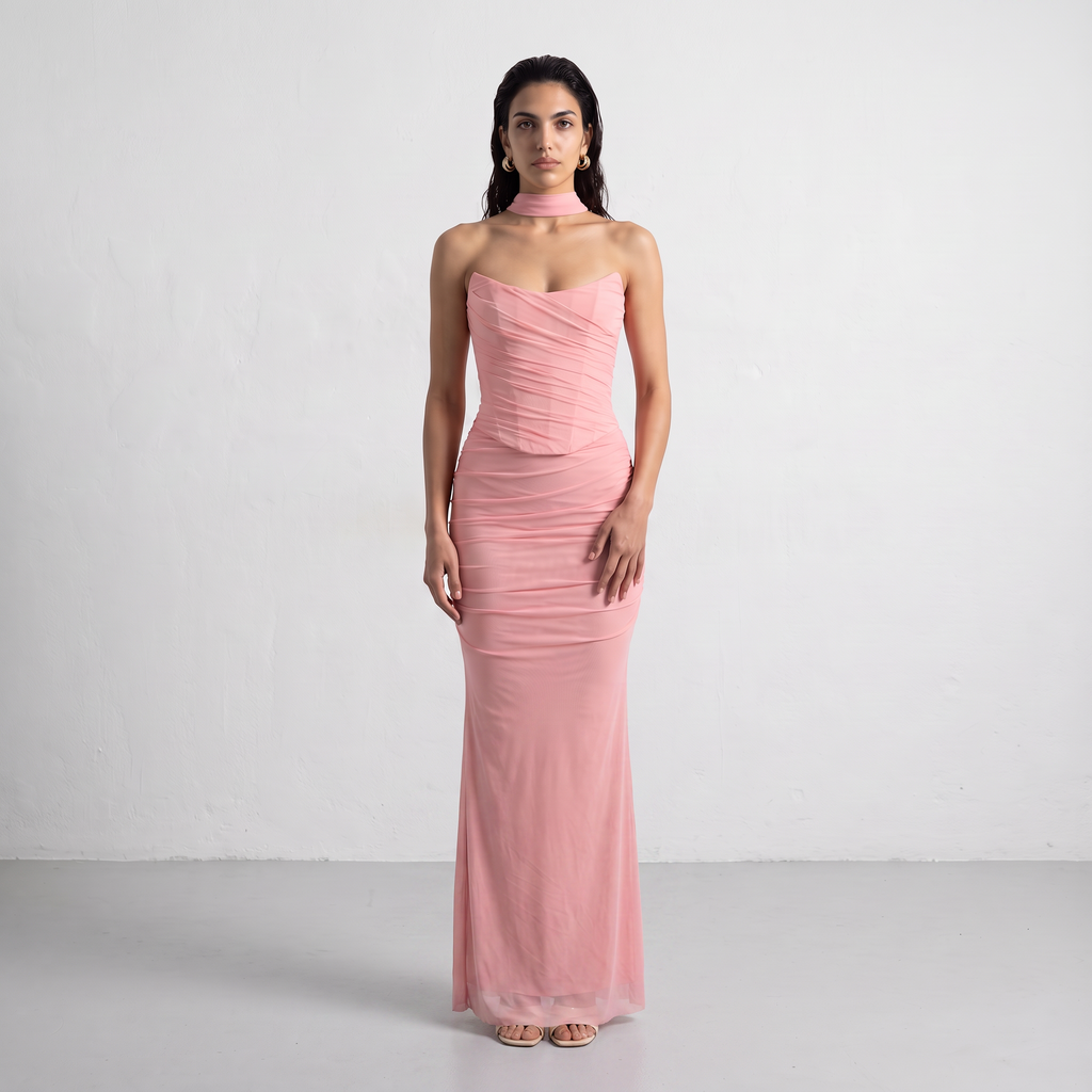Draped Mesh Corset With Skirt Set