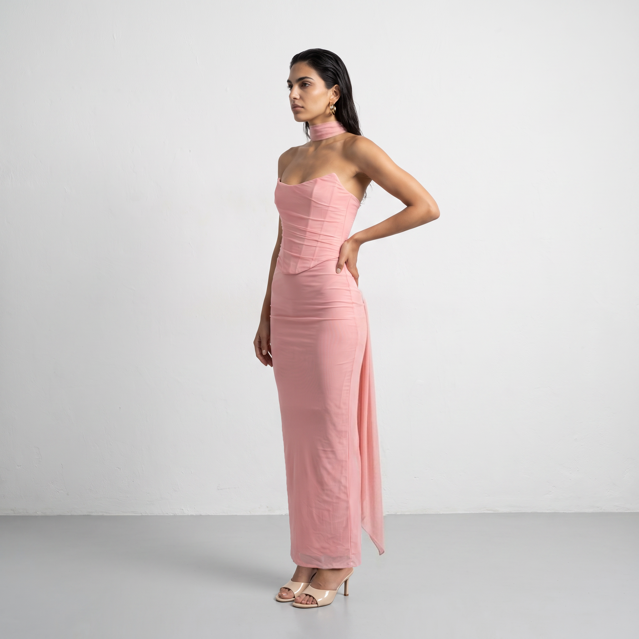 Draped Mesh Corset With Skirt Set