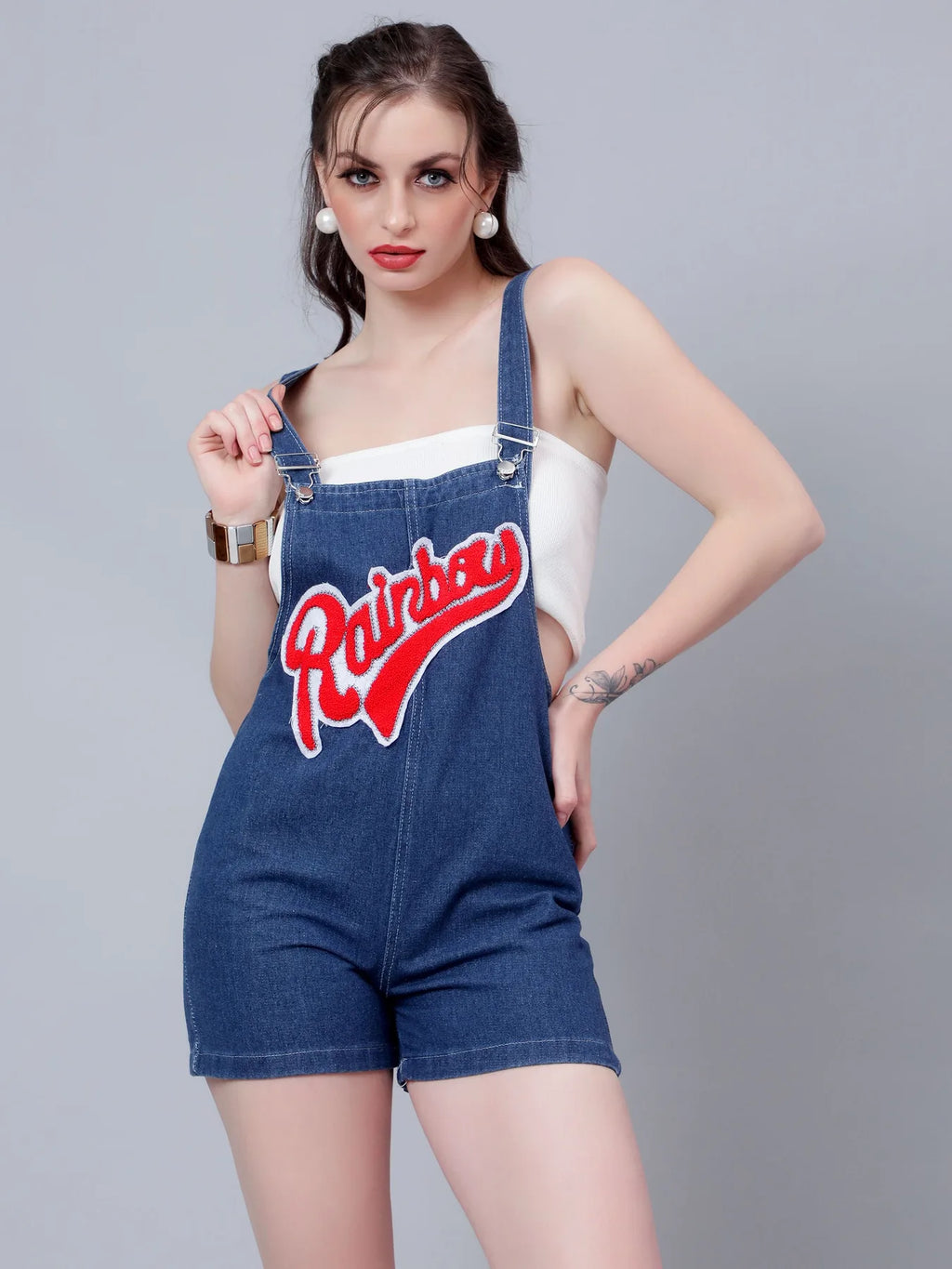 Embroidery Denim Playsuit