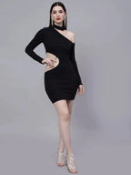 Pearl Detail Asymmetric Neck Cutout Dress