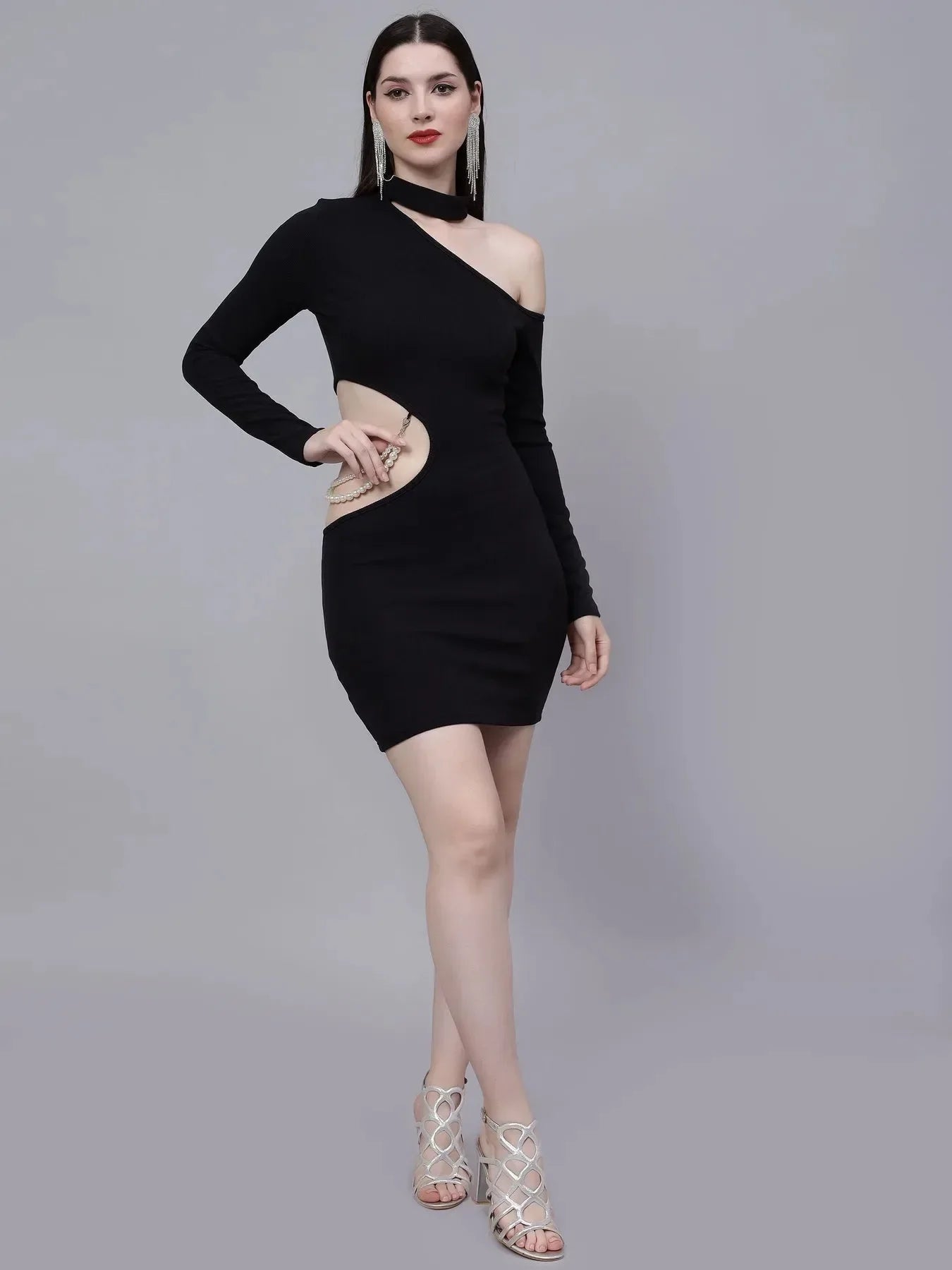 Pearl Detail Asymmetric Neck Cutout Dress