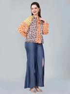 Leopard Print Colorblock Tie Neck Blouse