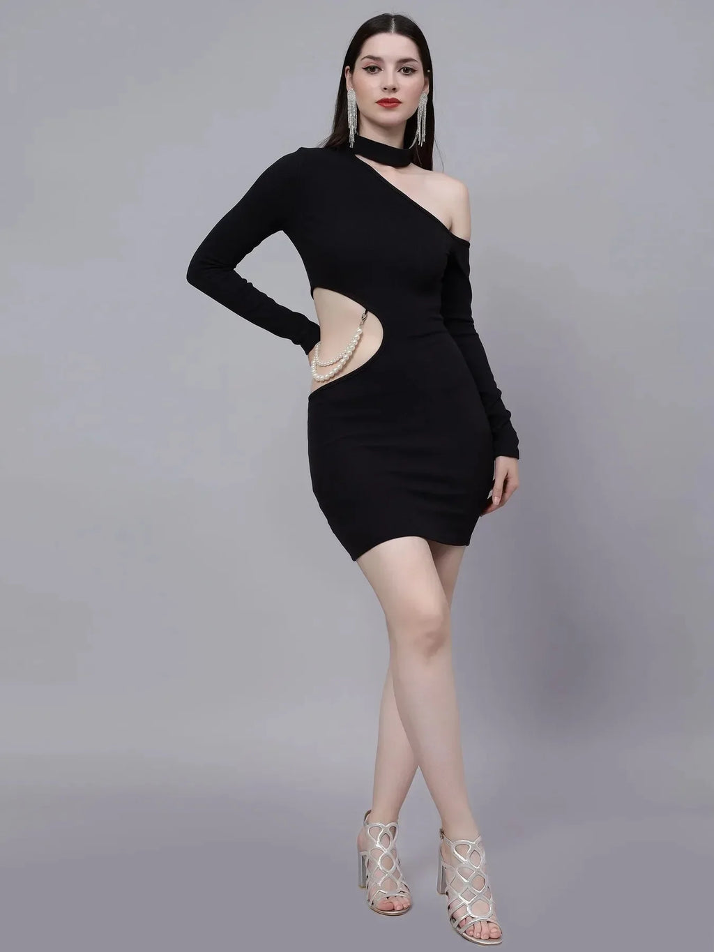 Pearl Detail Asymmetric Neck Cutout Dress