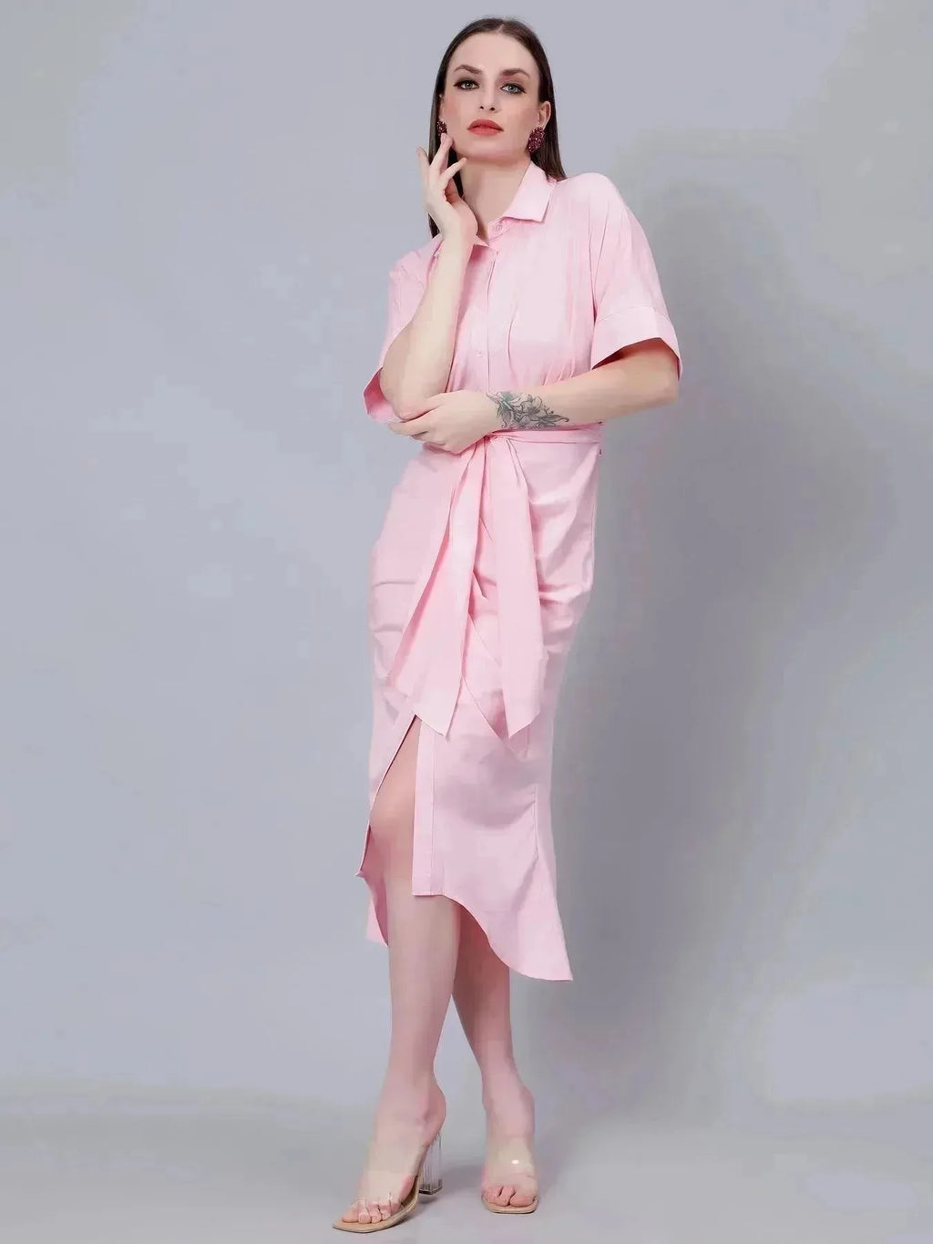 Cinched Waist Belted Shirt Dress