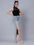 High-Rise Slit Frayed Denim Skirt