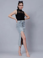 High-Rise Slit Frayed Denim Skirt