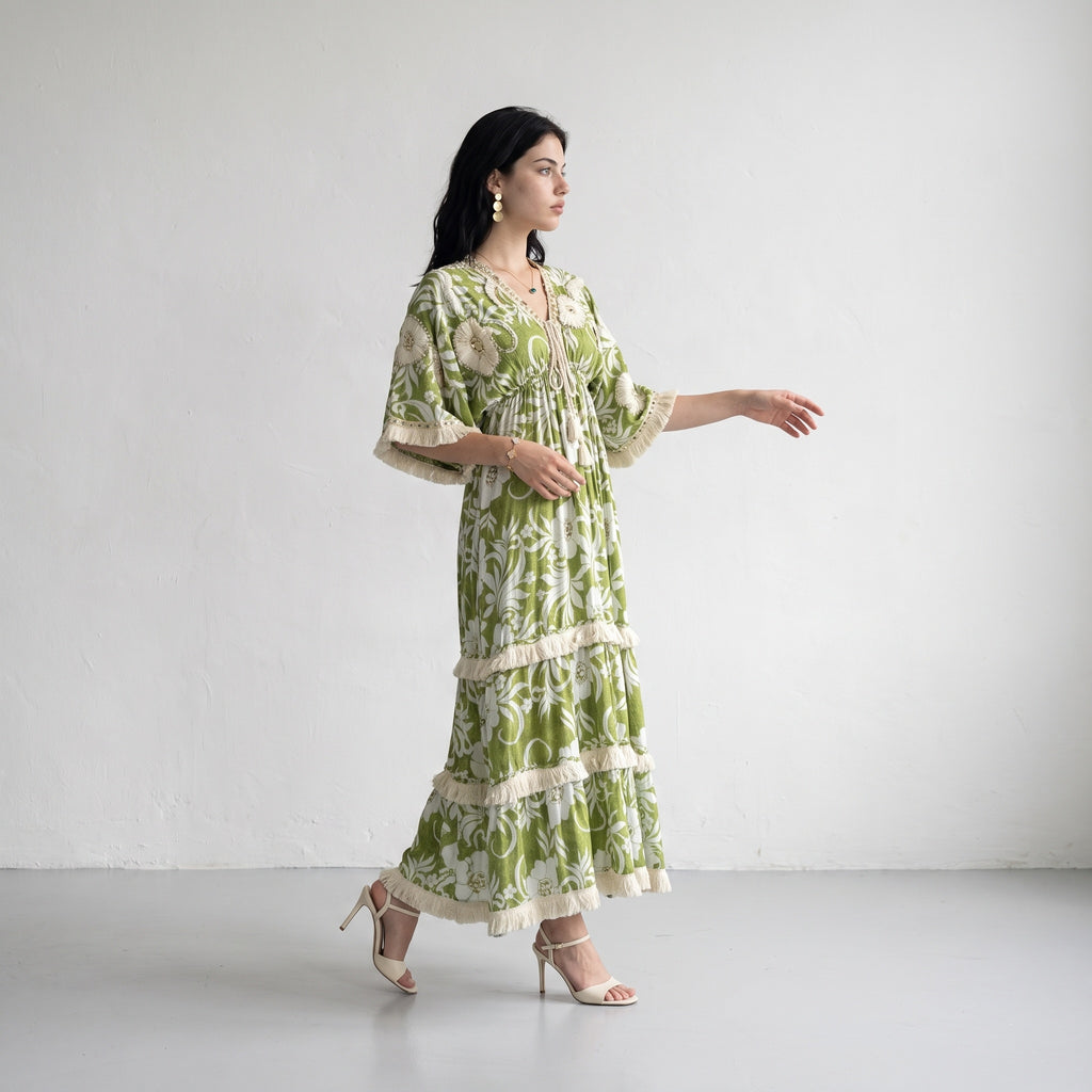 Fringe Bloom Green Maxi Dress