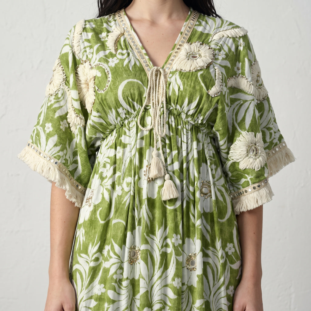 Fringe Bloom Green Maxi Dress