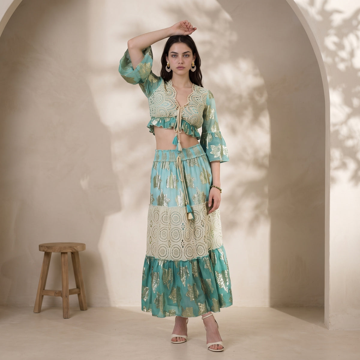 Tassel Glow Blue Schiffli Co-ord Set