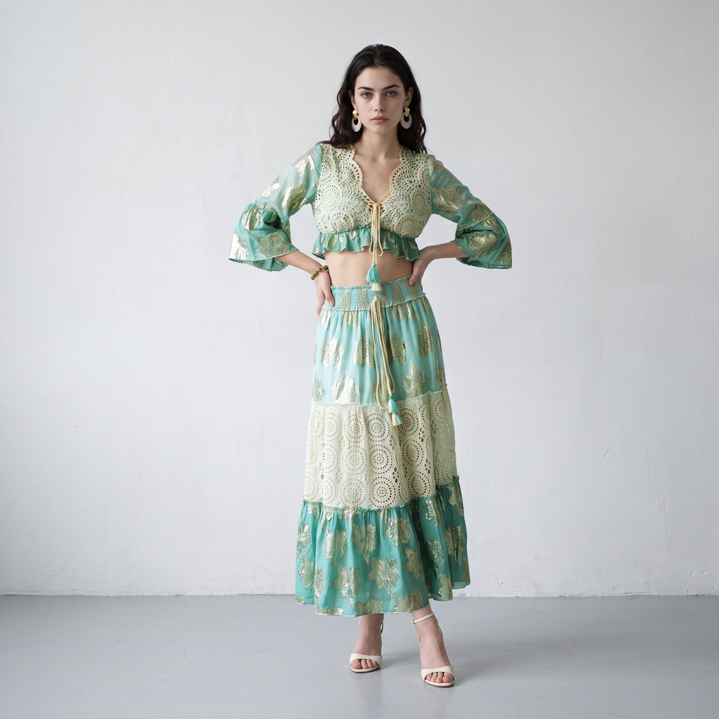 Tassel Glow Blue Schiffli Co-ord Set