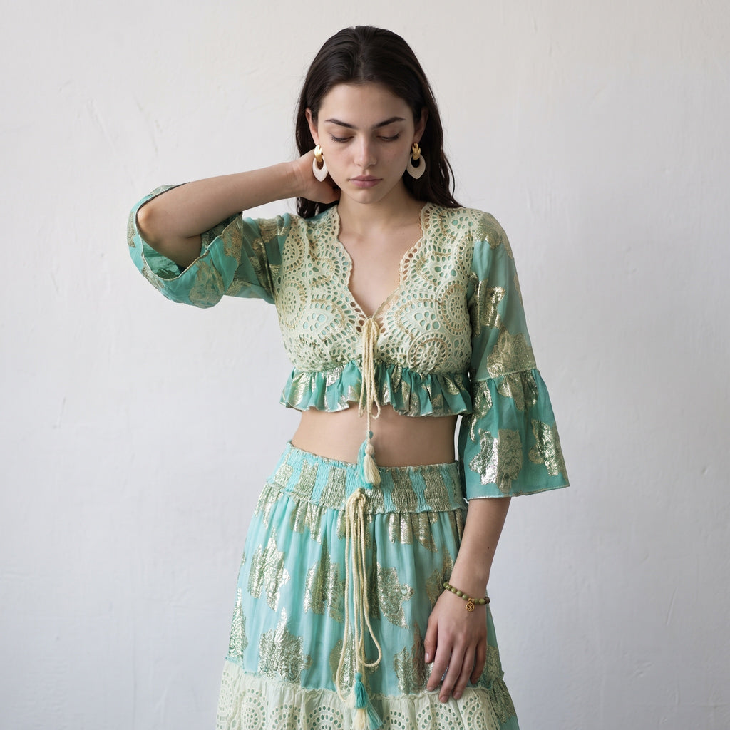 Tassel Glow Blue Schiffli Co-ord Set