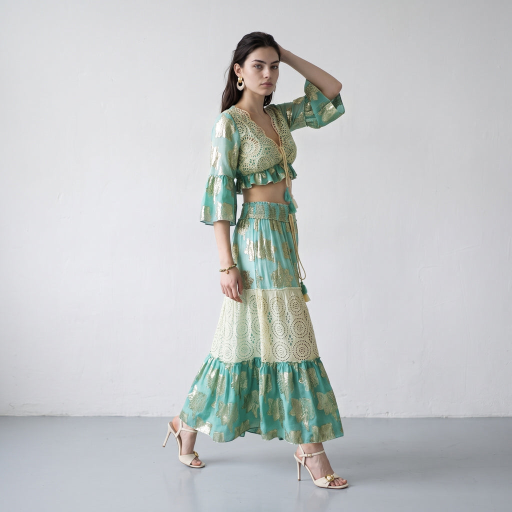 Tassel Glow Blue Schiffli Co-ord Set