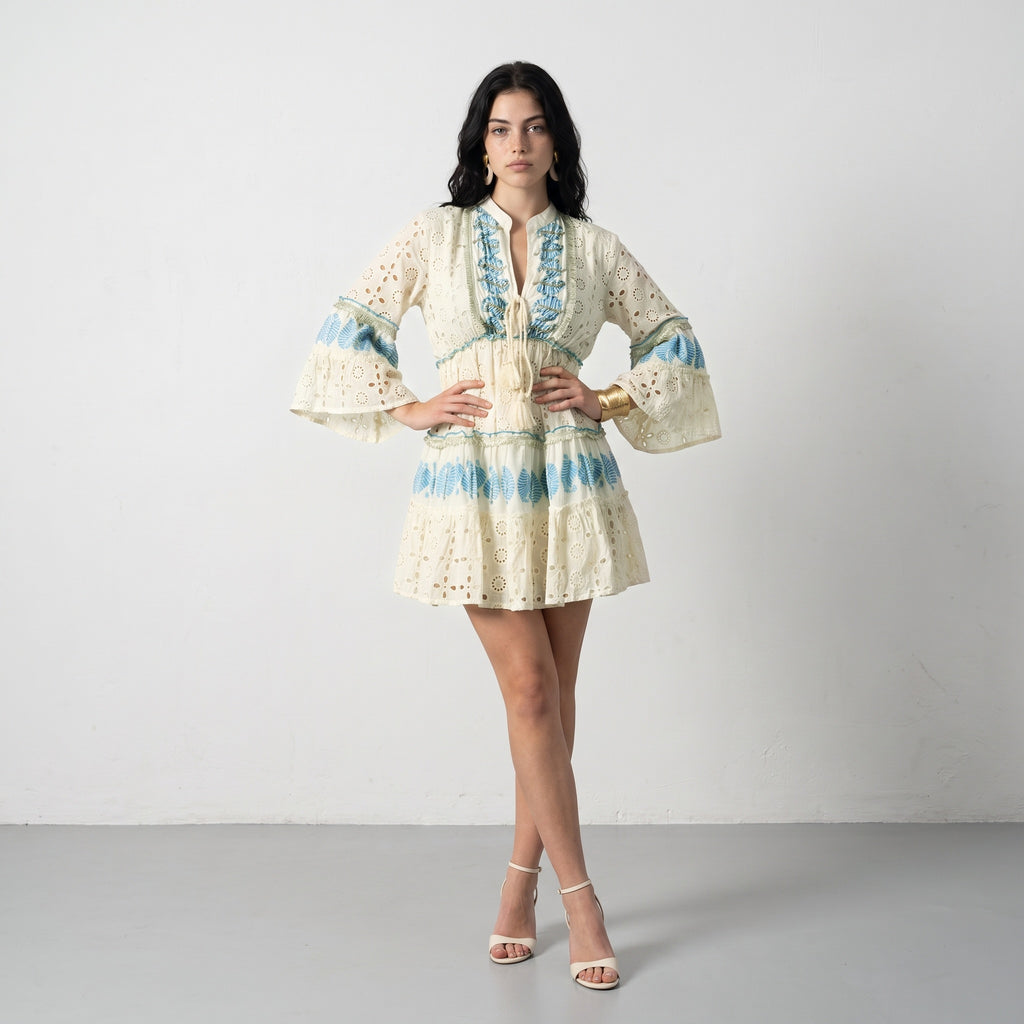 Lustre Blue Leaf Short Dress
