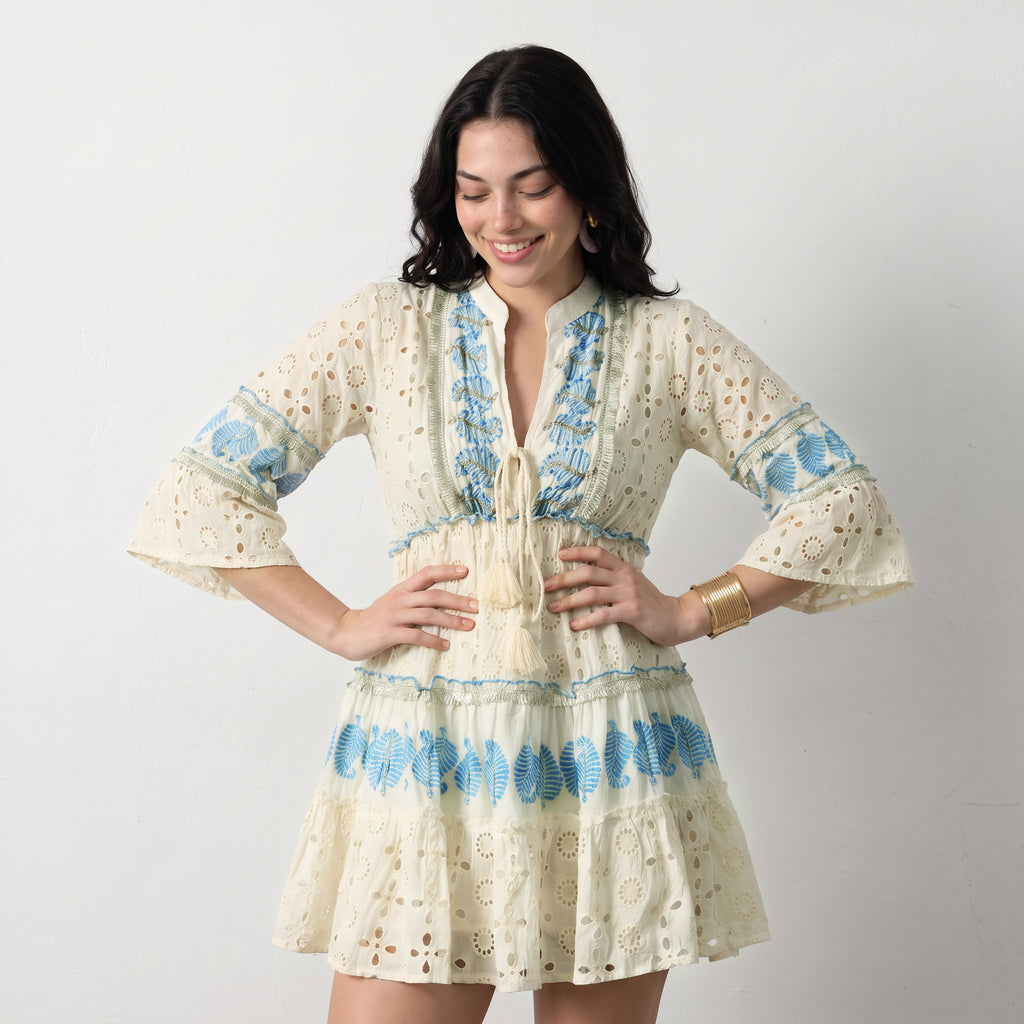 Lustre Blue Leaf Short Dress