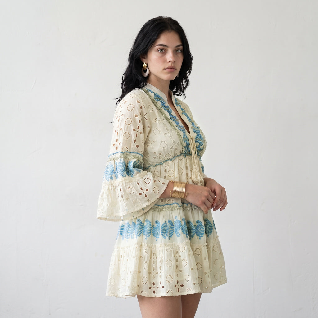 Lustre Blue Leaf Short Dress
