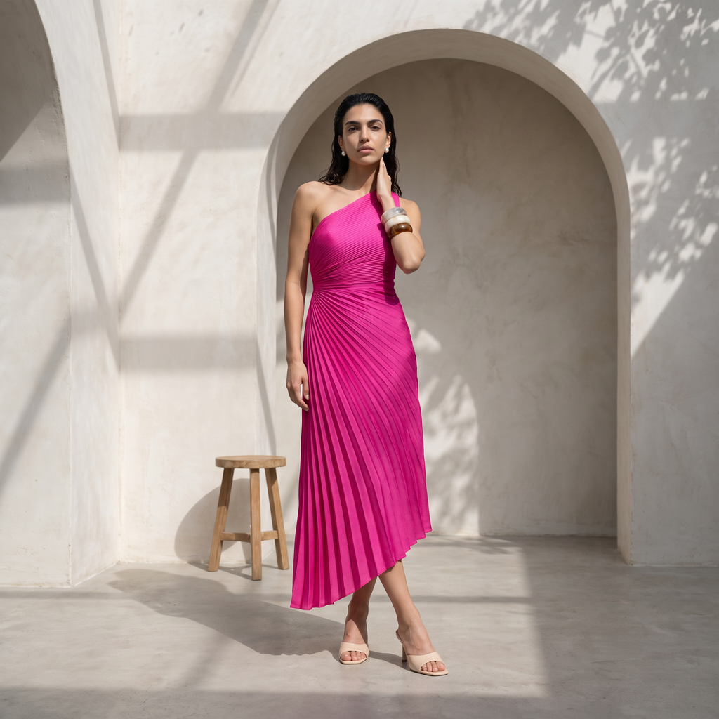 One-Shoulder Pleated Maxi Dress