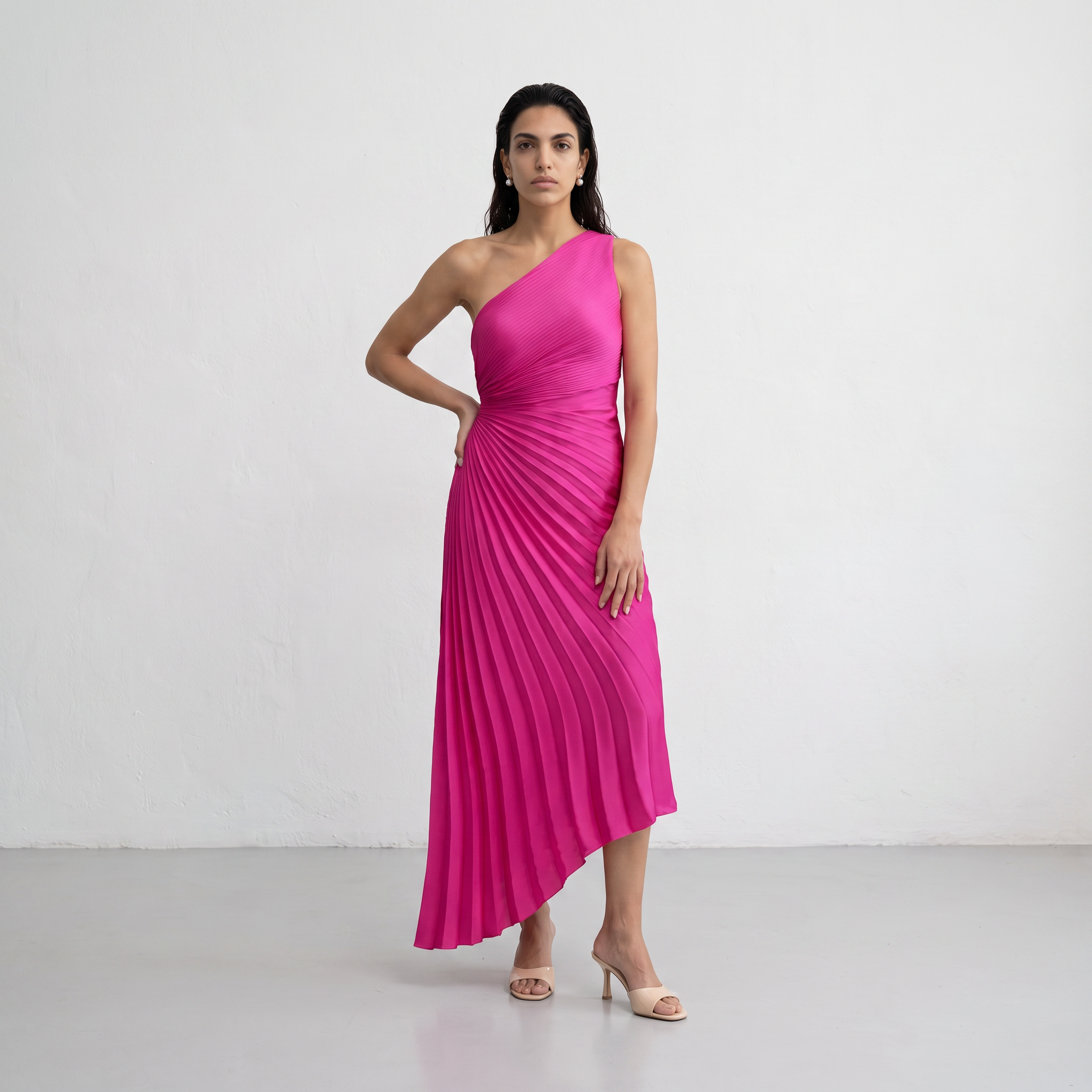 One-Shoulder Pleated Maxi Dress